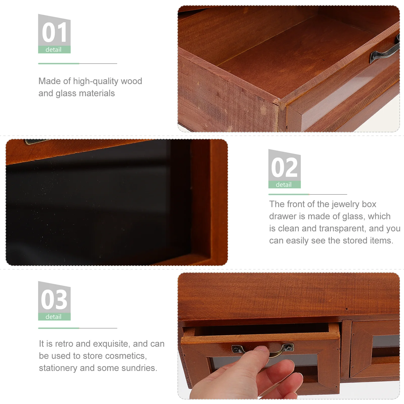 

1Pcs Wooden Jewelry Storage Box Retro Design Glass Drawer Cosmetics Sundries Desktop Organizer Multifunctional Holder
