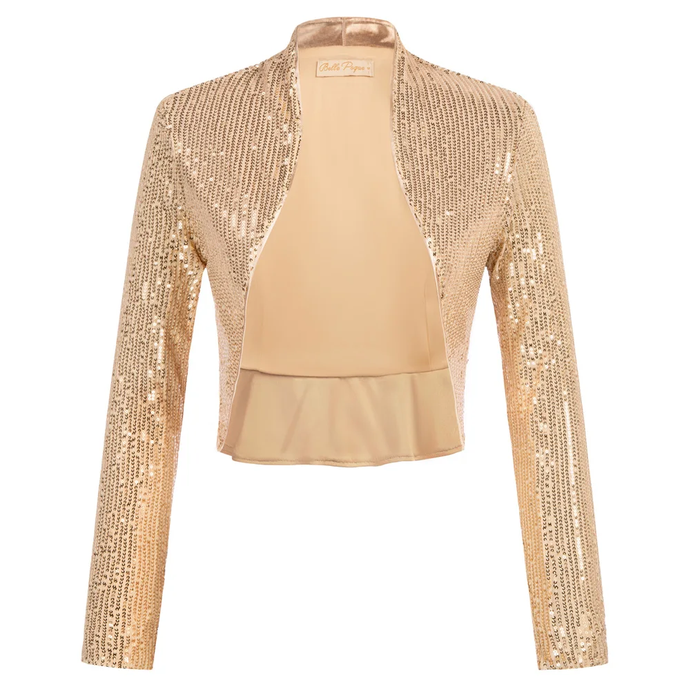 Belle Poque Women\'s Sequin Jacket Long Sleeve Open Front Glitter Cropped Blazer Bolero Shrug Vintage Sequined Ruffled Hem Party