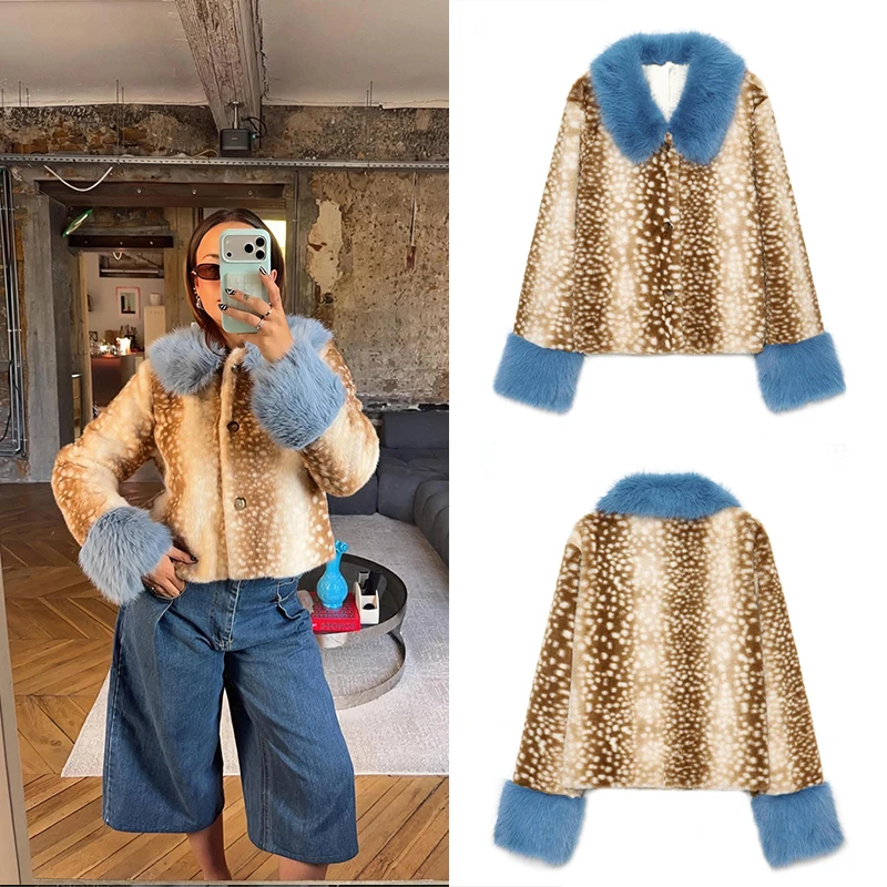Guobioziy Women's Slim Fit Small Deer Spot Fur Collar Faux Leather Jacket 2026 Autumn/Winter New French Casual Fashion Street