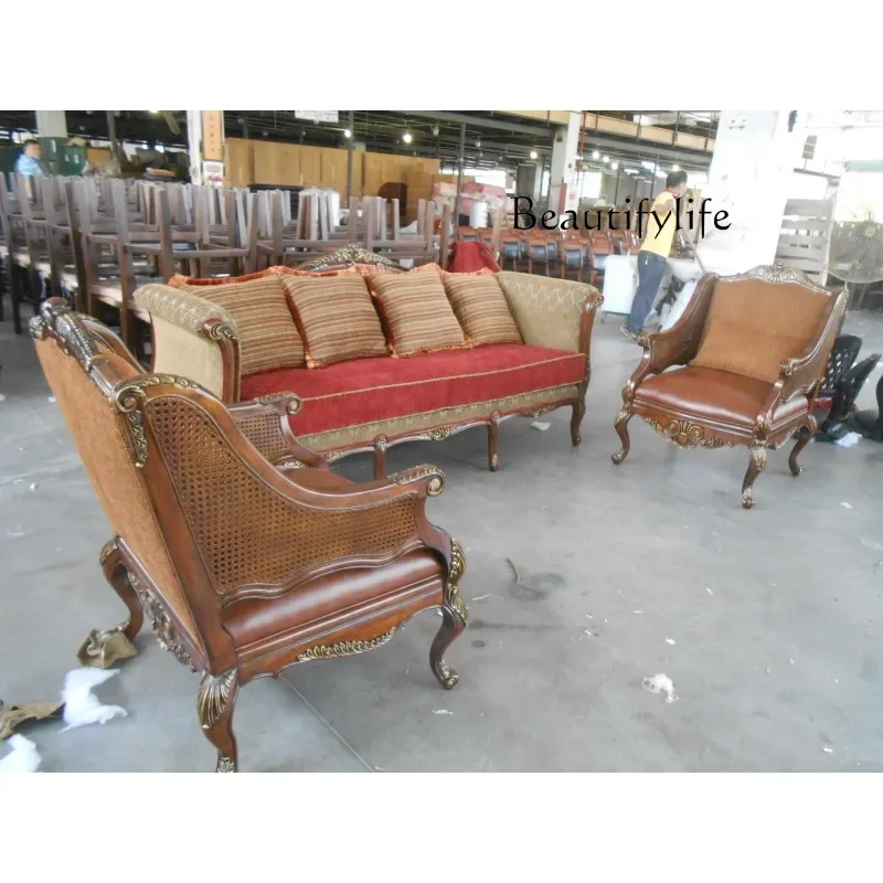 M French Retro Style Light Luxury Fragrance + Three-person Sofa 2 Meters Living Room Sofa Solid Wood Hand-carved
