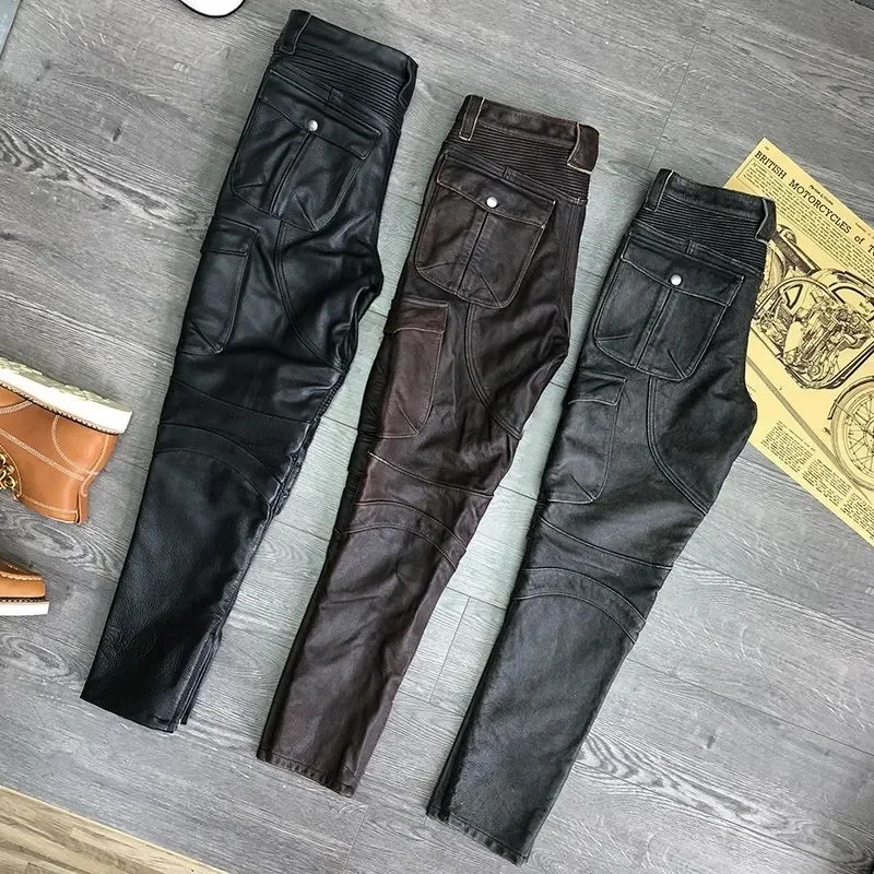 Black Winter Leather Trousers Men Retro Style Plus Size 4XL Genuine Natural Cowhide Add Protective Gear Motorcycle Pants