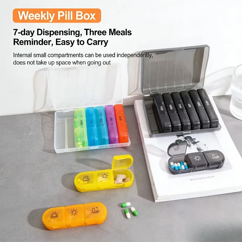 

Sealed Moistureproof Ecofriendly 21 Grid Weekly Pill Box 7 Days Portable Colorful Large Capacity Medicine Storage Organizer Case
