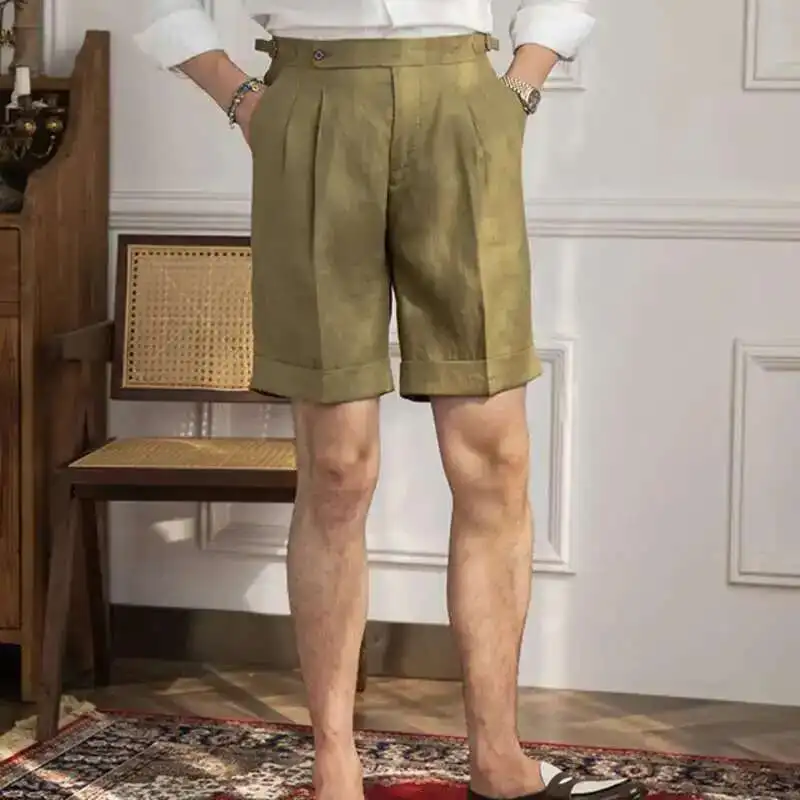 100% Linen Summer Straight Naples Shorts Men Solid Color Business Dress Pants Office Social Casual Slim Fit Shorts