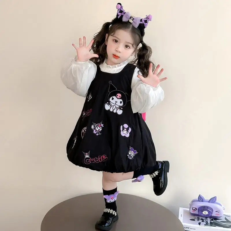 

Anime Cartoon Sanrio Kuromi Dress Girl Spring and Autumn Thin Fashion Embroidery Shirt Dress Two Piece Set Children Cute Gift