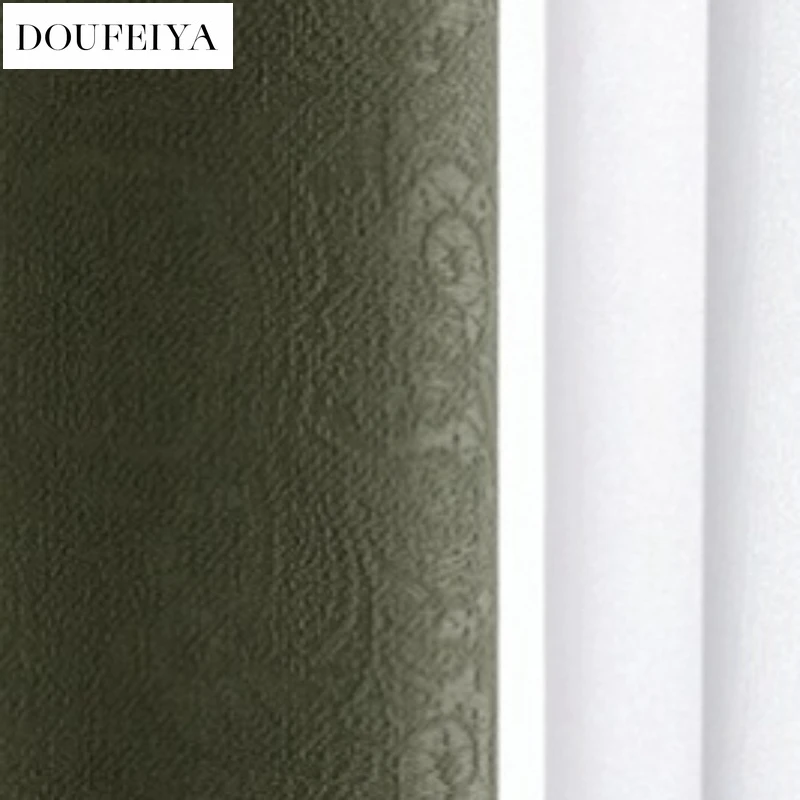 Custom Size Modern South France Manor Vintage Green Chenille Blackout Curtains for Living Dining Room Bedroom Decor Elegant
