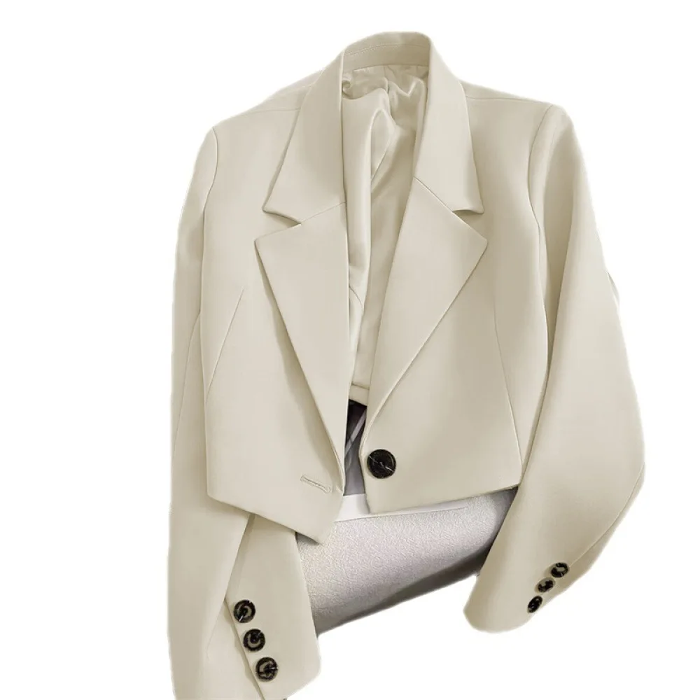 Women Fashion White Short Blazer Jacket Casual Slim Fit Lapel Suit Coat Spring Autumn Office Professional Outerwear