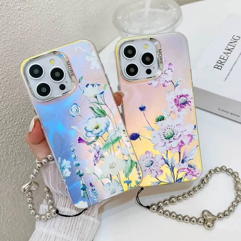 Gradual Colors, Electroplate Laser Frosted IMD Phone Case for iPhone 15 Pro Max, 14, 13 Flower Case With Lanyard, Cover, Plating