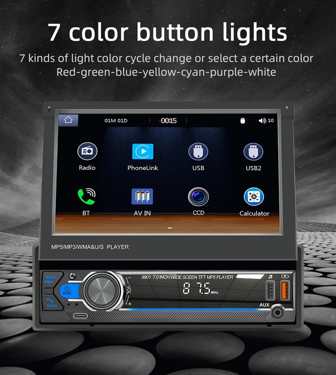 

7" Car MP5 Player Wired and Wireless CarPlay/Android Auto Bluetooth 5.1 RDS Radio Retractable GPS Navi Head Unit For Automobile