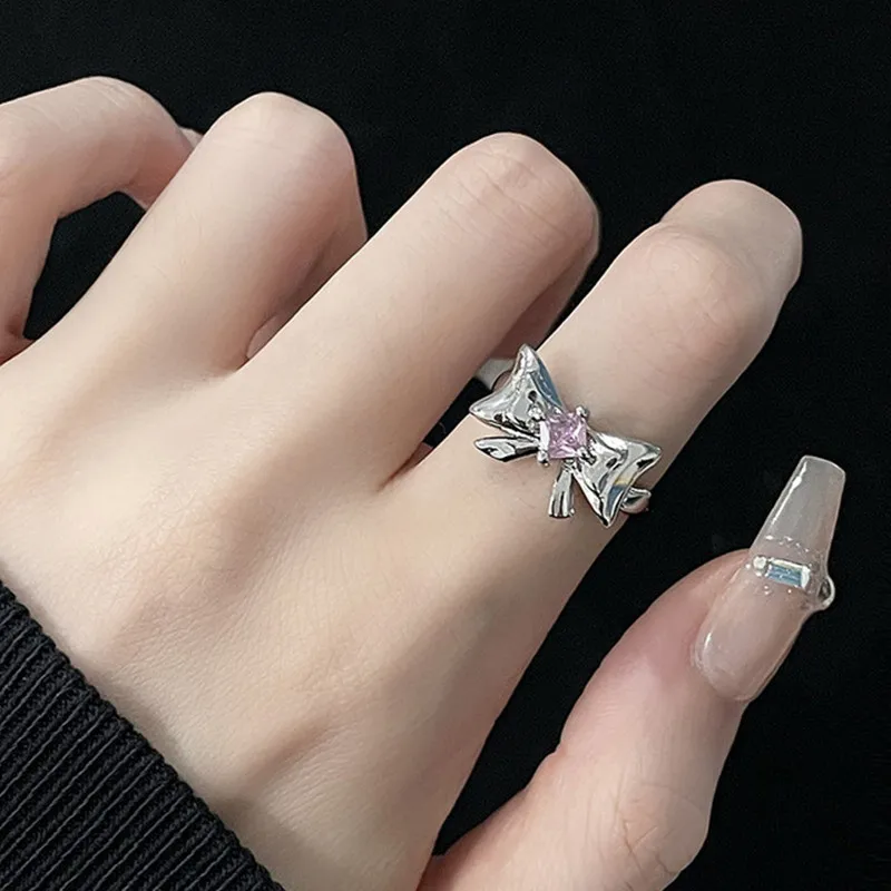 Pink Crystal Irregular Heart Ring for Women Creative Blue Opal Heart Open Ring Shiny Geometric Zircon Ring Vintage Y2K Jewely