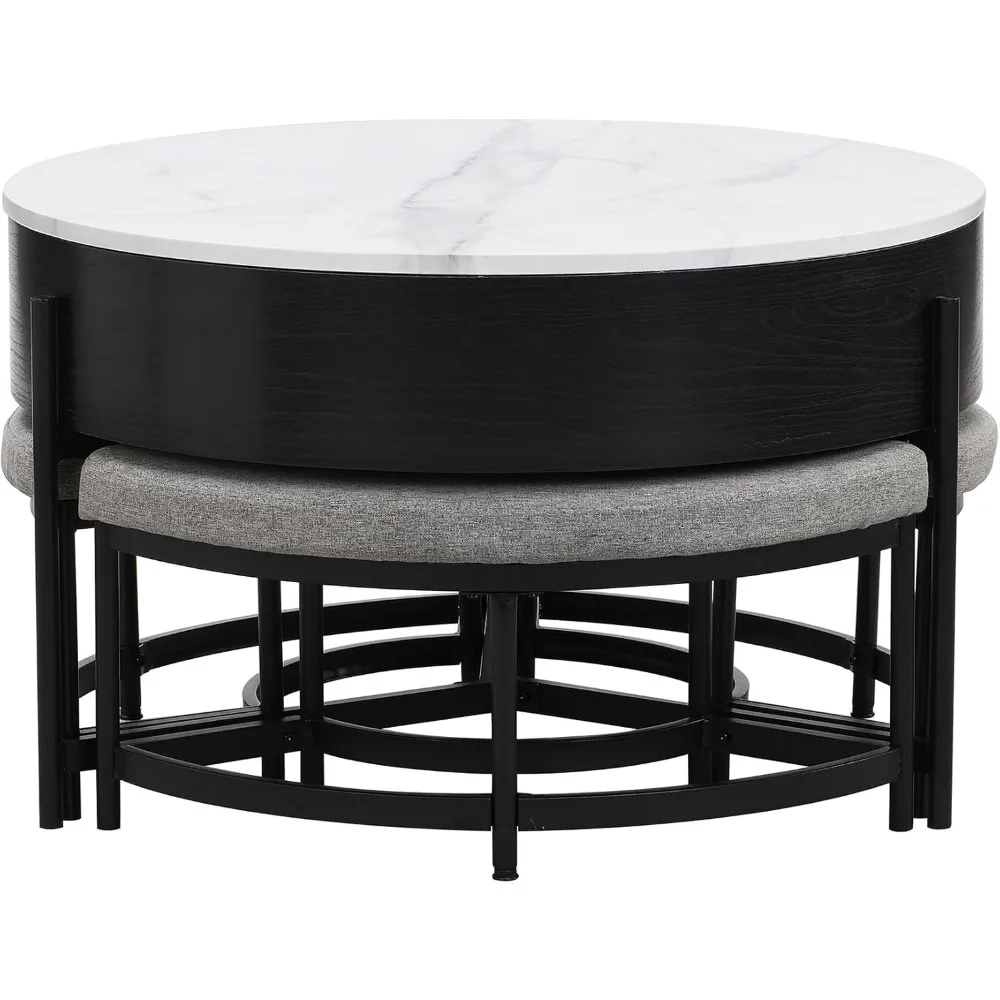 "طاولة قهوة حديثة مع مساحة تخزين قابلة للرفع و3 عثمانية، أثاث مستوحى من الرخام الأبيض/الرمادي لديكور غرفة المعيشة" #5