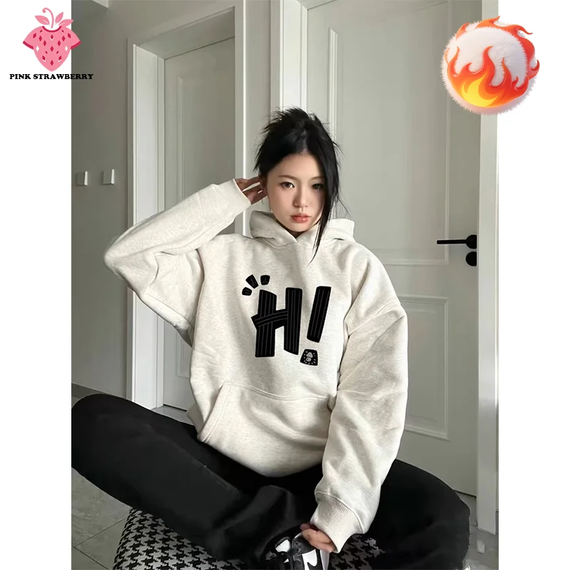 

American Retro Plush Hoodies Women Autumn Winter 2025New Fashion Street Pullover Loose Casual Sweatshirt Y2K Top Ladies clothing