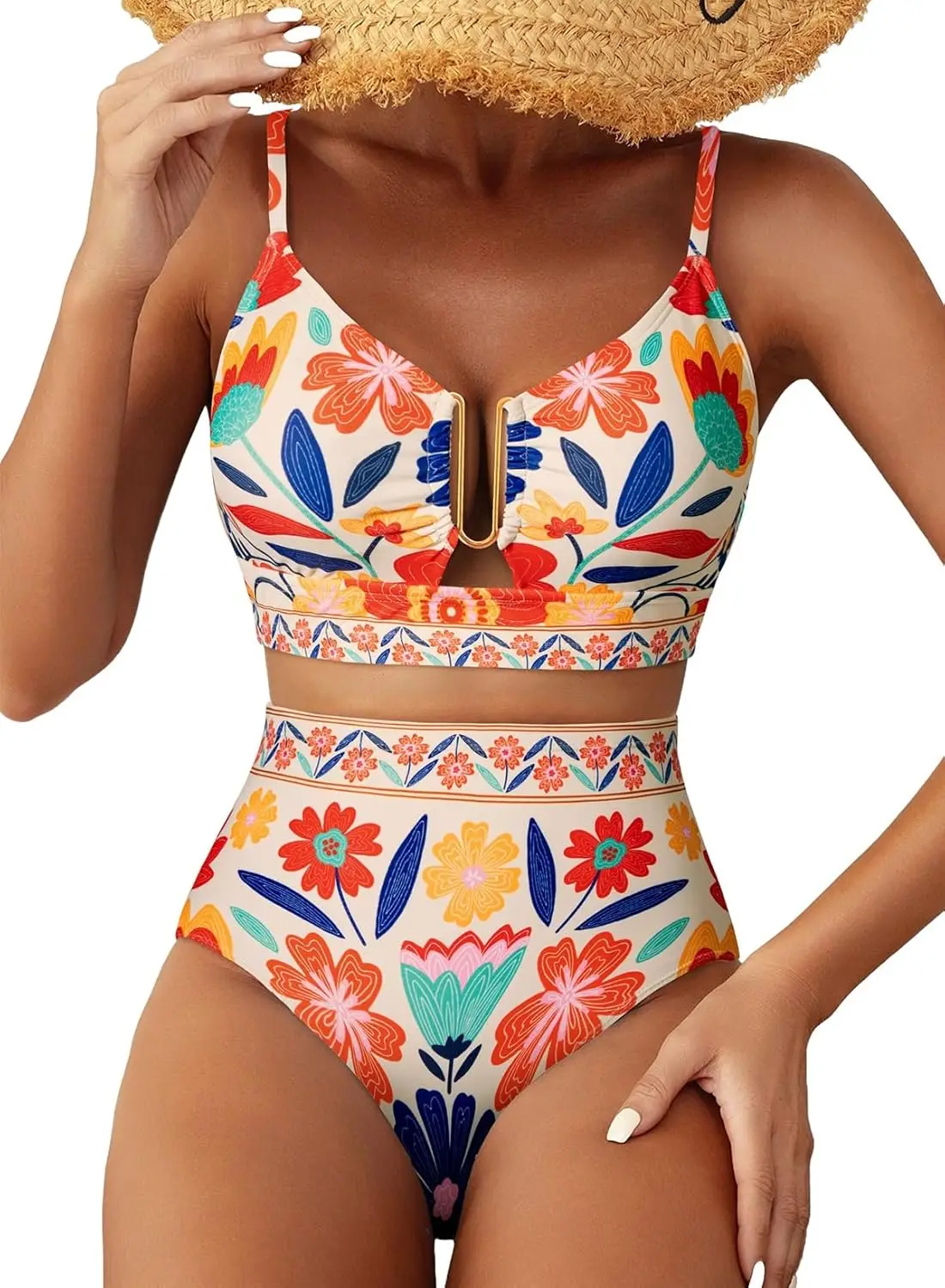 

Womens 2 Piece High Waisted U Wire Bikini Set Floral Print Swimsuit Crisscross Back Bathing Suit Beach Swimwear