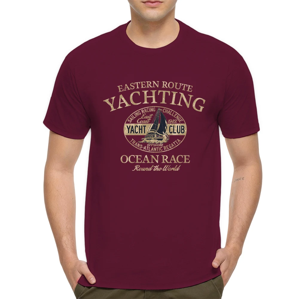 Mens 100% Cotton T Shirt Vintage Yacht Club Sailing Badge Print Breathable Short Sleeve Daily Wear