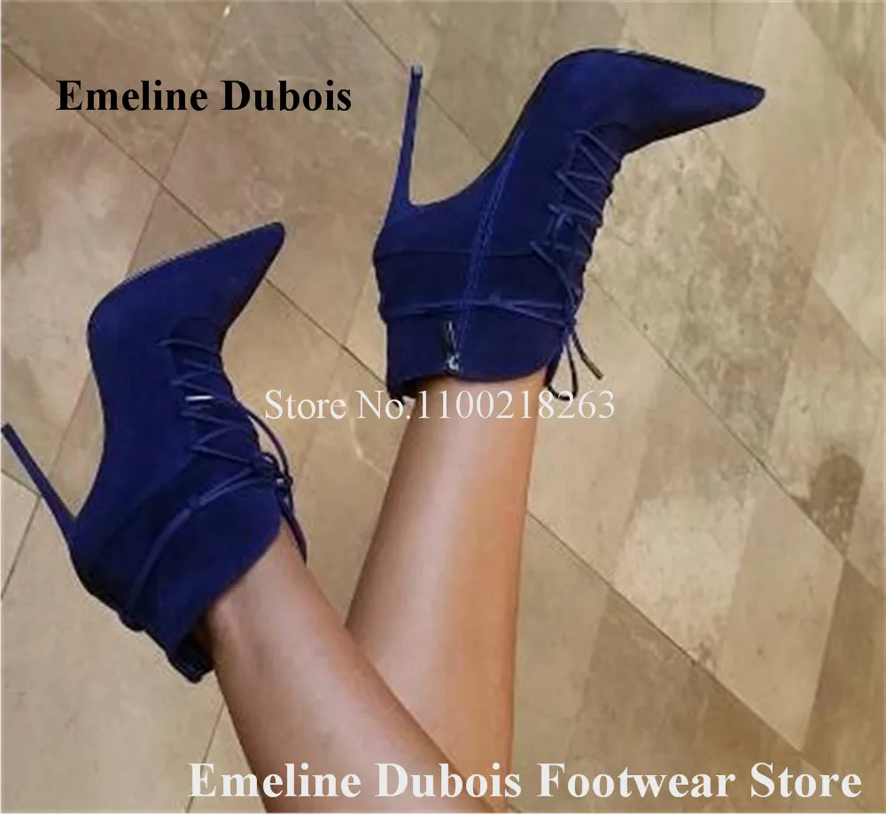 

Sexy Blue Beige Short Boots Emeline Dubois Pointed Toe Suede Lace-up Stiletto Heel Ankle Booties Sexy Party Heels Boots