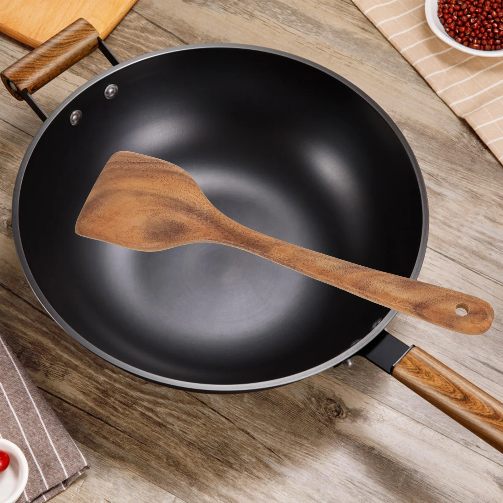 

Wooden Cooking Spatula Portable Long Handle Non-Deformable Smooth Edge Hanging Hole Kitchen Utensil for Flipping Mixing Cooking