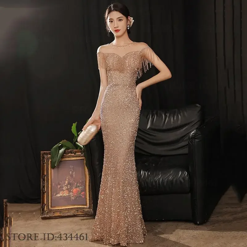 Female Sexy Perspective Mesh Mermaid Prom Dress Sparkling Sequin Bead Tassel Evening Party Dress Floor Length Robe De Soiree