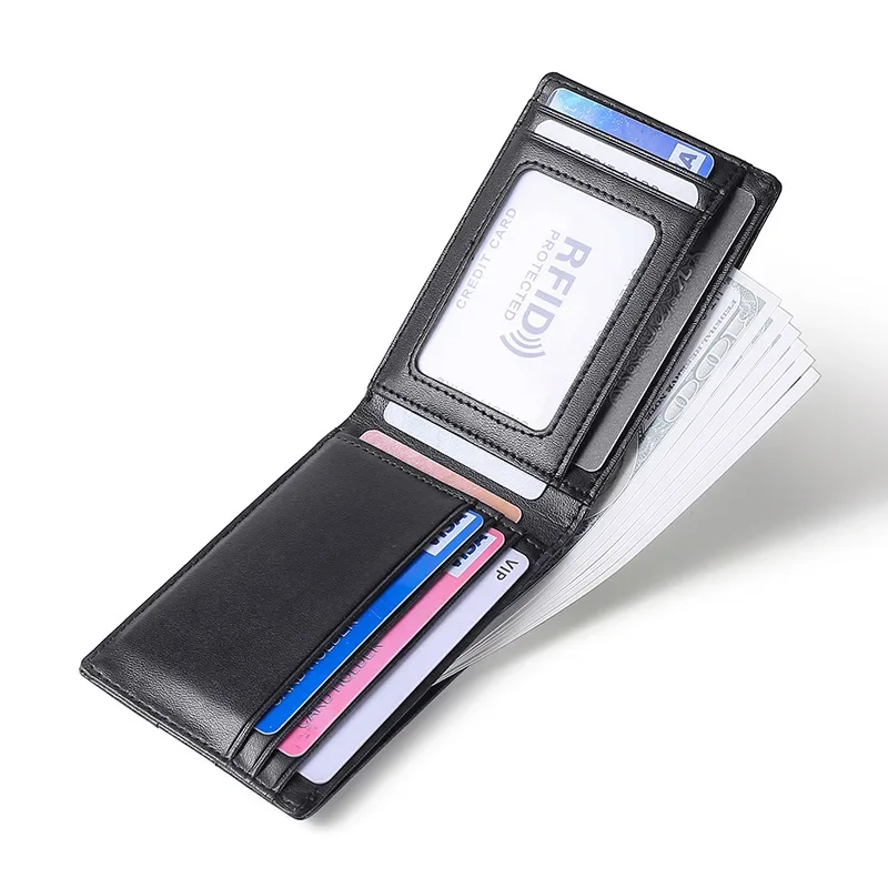 

Genuine Leather Wallet Men's Money Bag Simple Solid Color Purse Mini Slim Rfid Credit Card Holder Business Minimalist Wallet Men