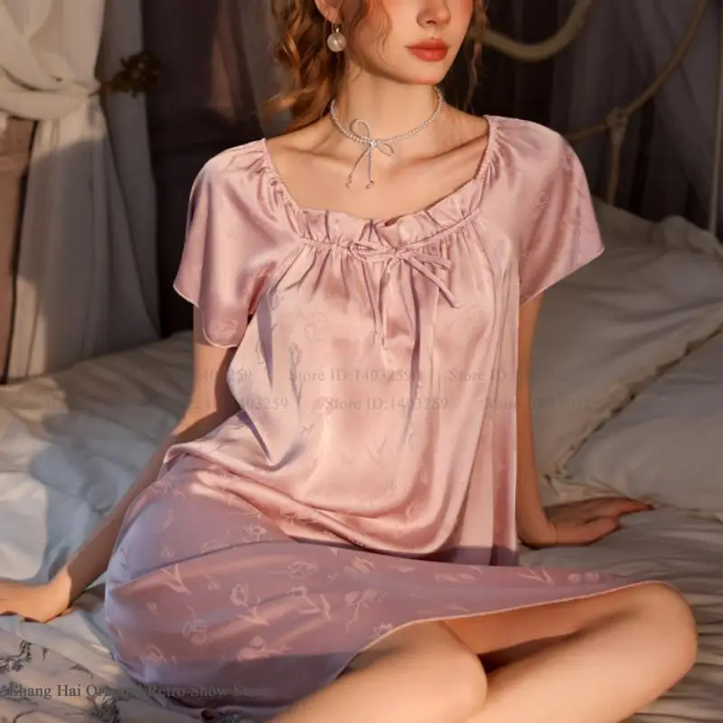 

Jacquard Short Sleeved Nightgown Summer New Ice Silk Nightdress Sleepwear Outwear Sweet Cute Young Girl Home Dress Loungewear
