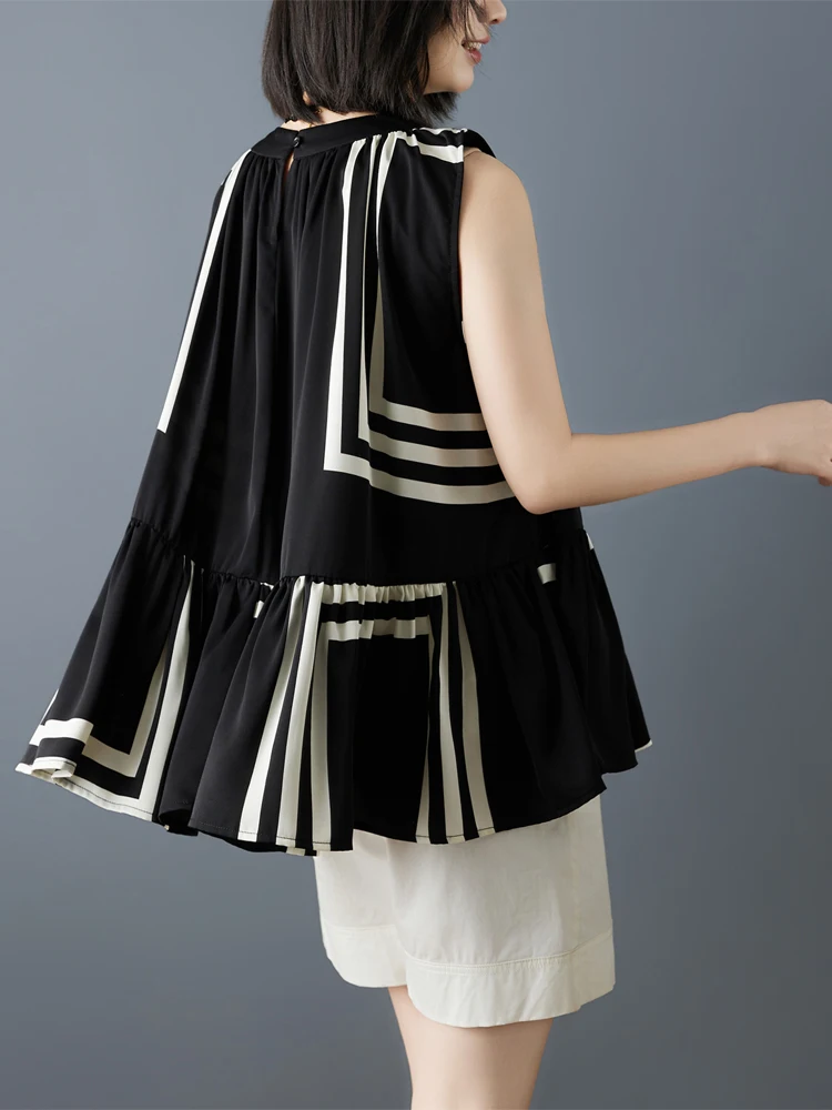 

Summer 2026 Women's Loose Fit Printed Chiffon Tank Top Thin Stripe Pattern Sleeveless Shirt Casual Versatile Style Stand Collar