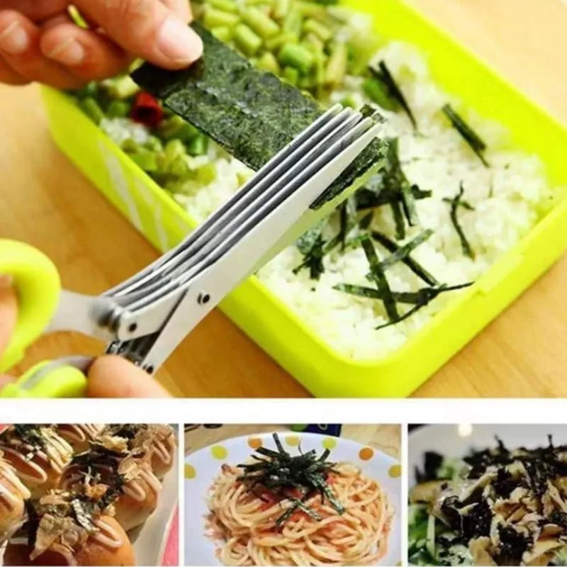 Multilayer Kitchen Scissors Stainless Steel Vegetable Cutter Cooking Tool for Cutting Herbs Scallions with Cleaning Comb