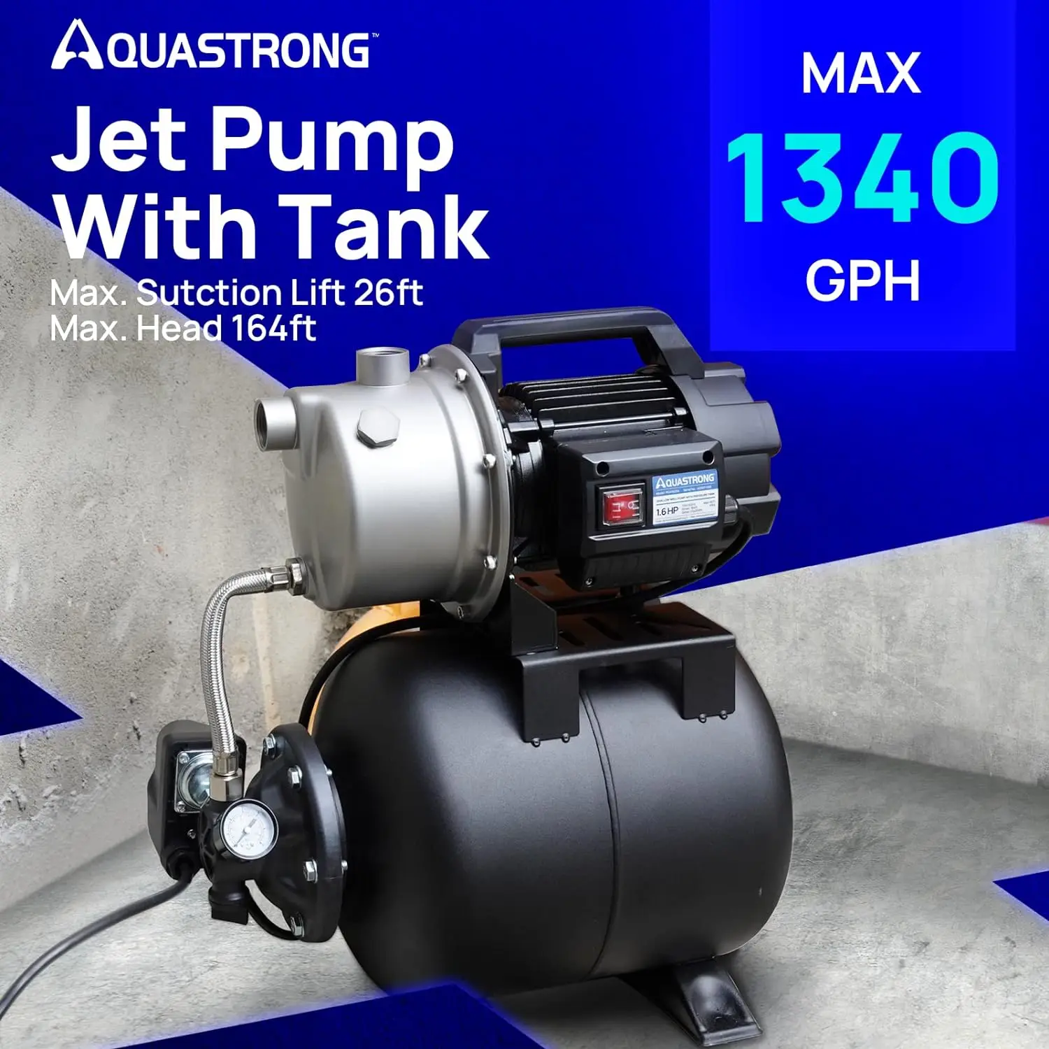 1.6HP Shallow Well Pump with Pressure Tank, 1320GPH, 115V, Stainless Steel Irrigation Pump, Automatic Water Booster