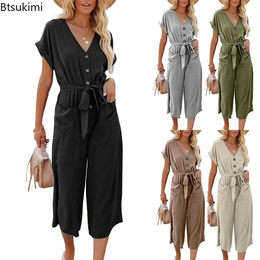 New 2024 Women's Summer Casual Jumpsuit Solid Wide Legs Bodycon Jumpsuit Simple Romper Trousers Club Wear V-neck Summer Playsuit