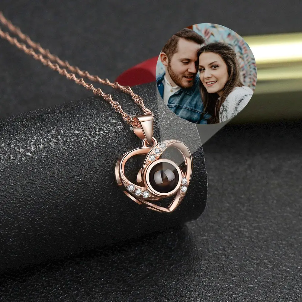 Custom Projection Photo Necklace S925 Silver Heart Pendant Necklace for Women Mother's Day Valentine Day Family Birthday Gift