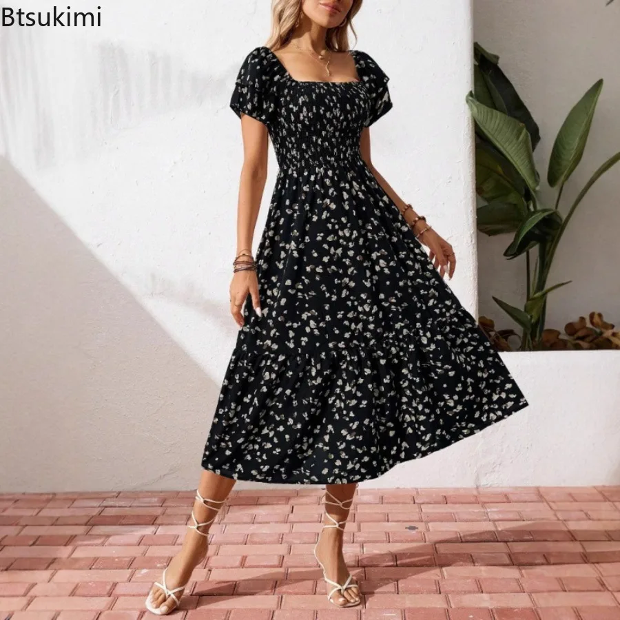 Nouveau 2025 femmes printemps été tenue décontractée à manches courtes taille élastique noir imprimé fleuri plissé dos nu tenue décontractée femme