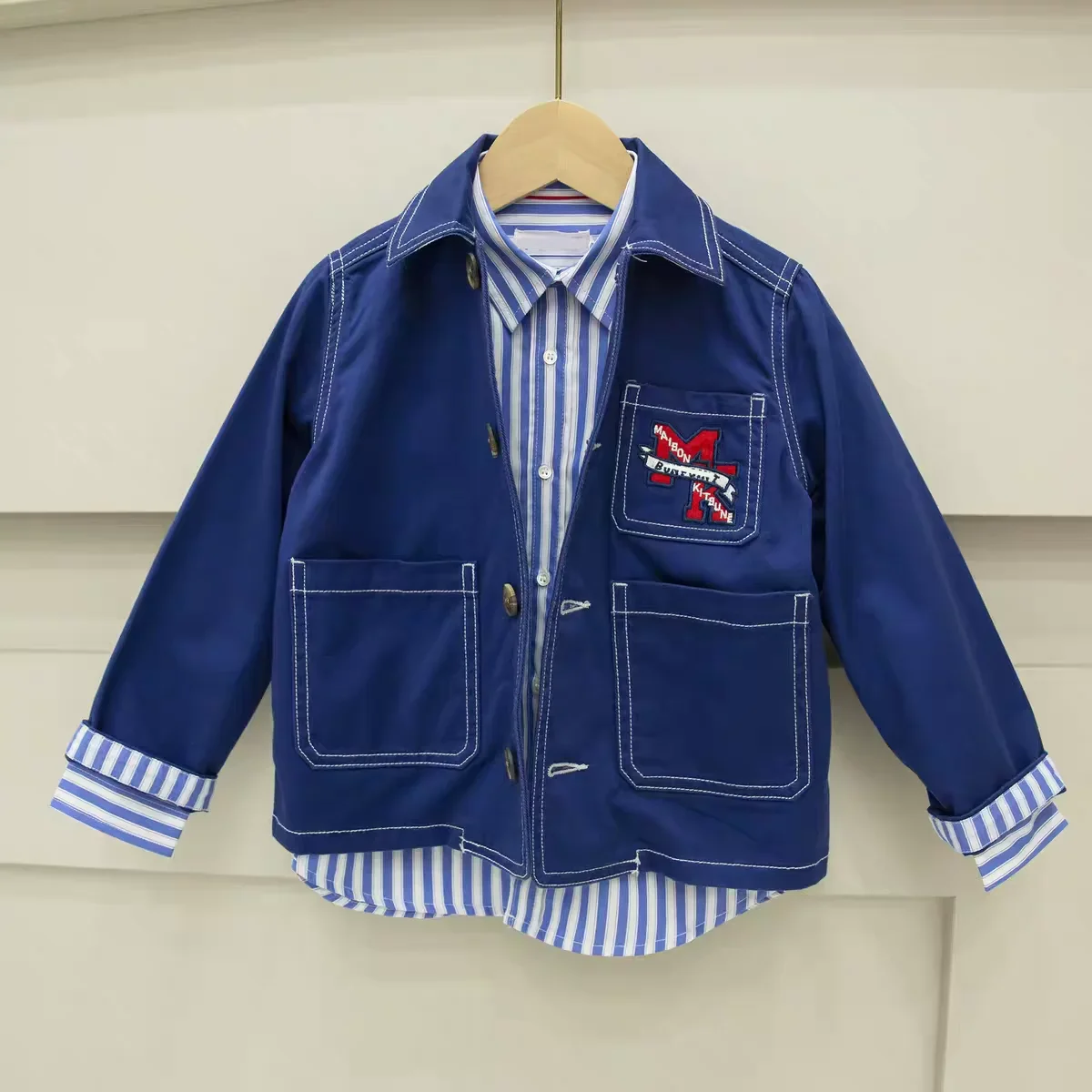 Children's Clothing Kids Denim Coat Fall 2026 New Fashion Cotton Dark Blue Jacket Lapel Blue White Striped Shirts for Boys Girls