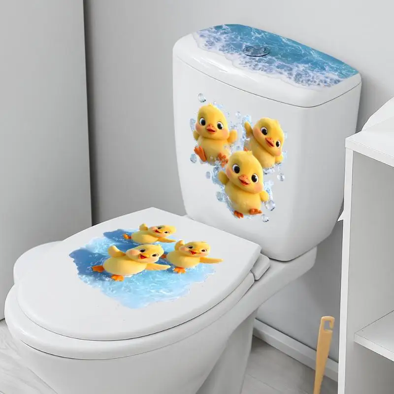 {QTG333} Cartoon Playing Water Duck Toilet Sticker Self-Adhesive Beautify Home Bathroom Decoration