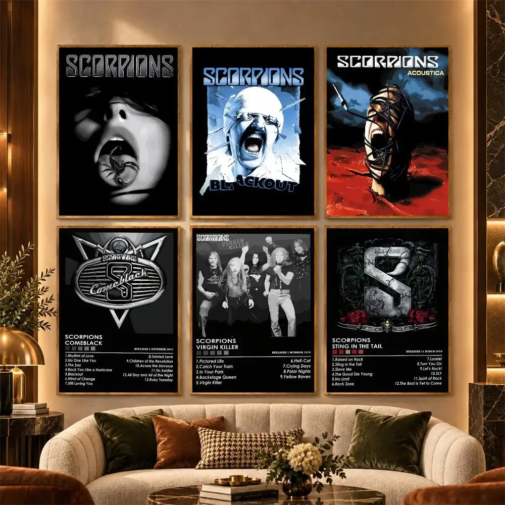 S-Scorpions Vintage Rock Band Poster Stickers Painting Mural Wall Decals for Bedroom Living Room Home Self-Adhesive Decor Gift