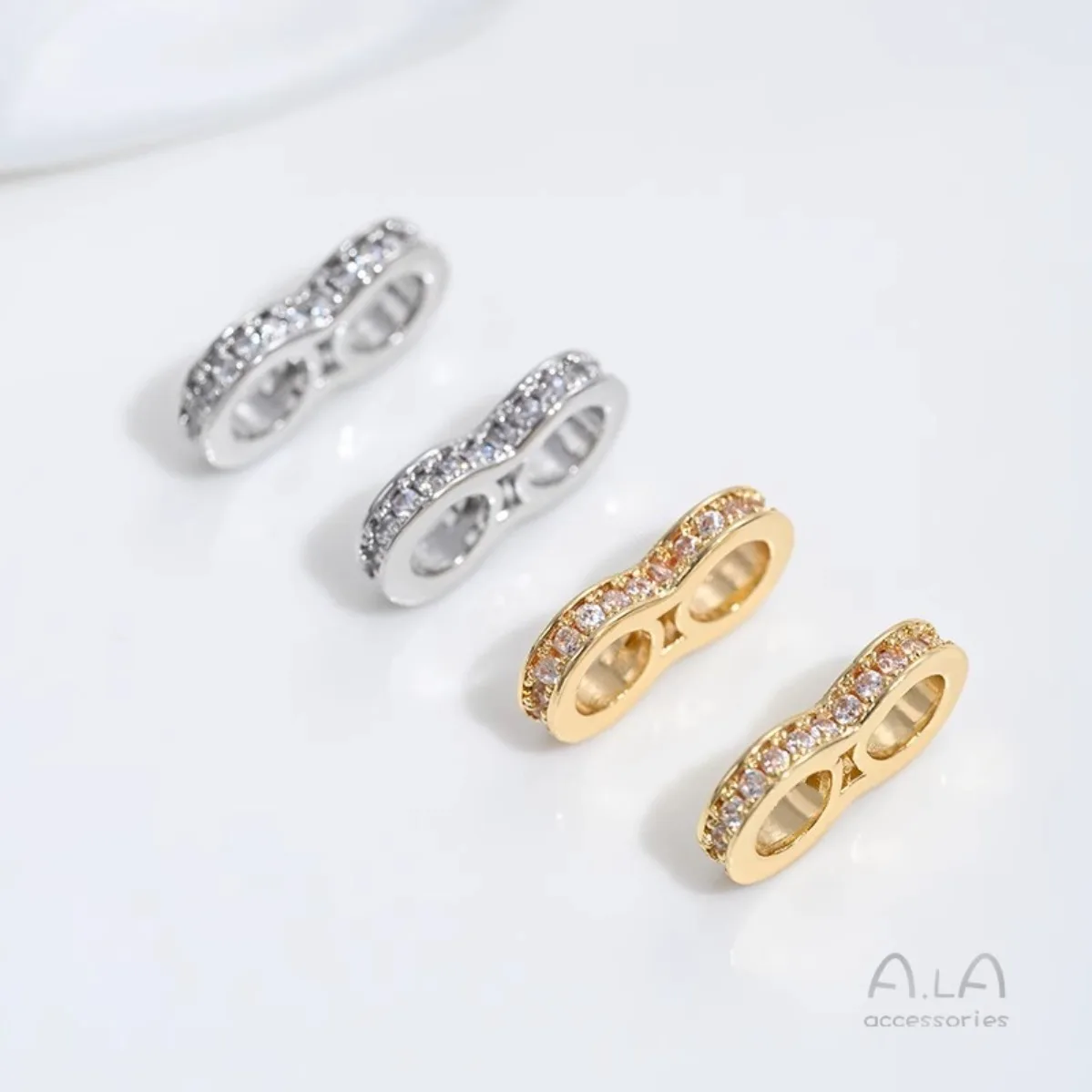 Brass 14K Gold Plated Double Hole Figure 8 Spacer Bead Micro Zircon Double Row DIY Pearl Necklace Jewelry Findings