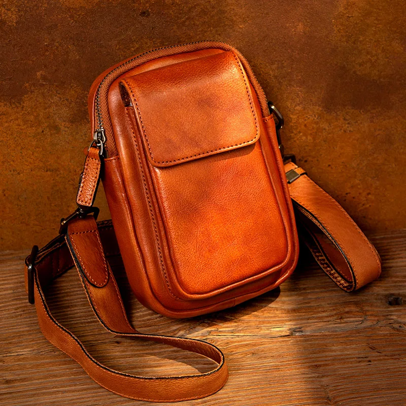 Vegetable tanned cowhide shoulder bag vertical casual cowhide purse youth leather satchel trend mobile phone bag