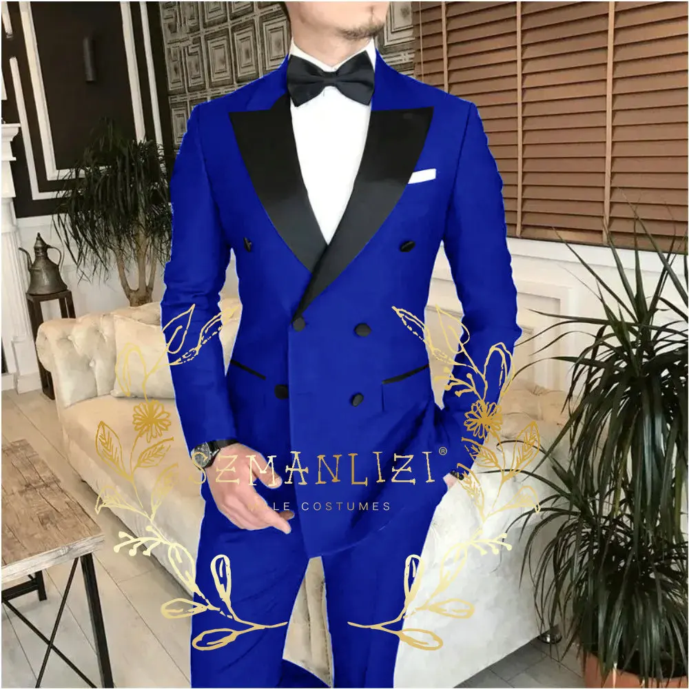 Navy Blue Men Suits Double Breasted Formal Wedding Party Costume Homme 2 Piece Jacket Pants Male Clothing Blazer Terno