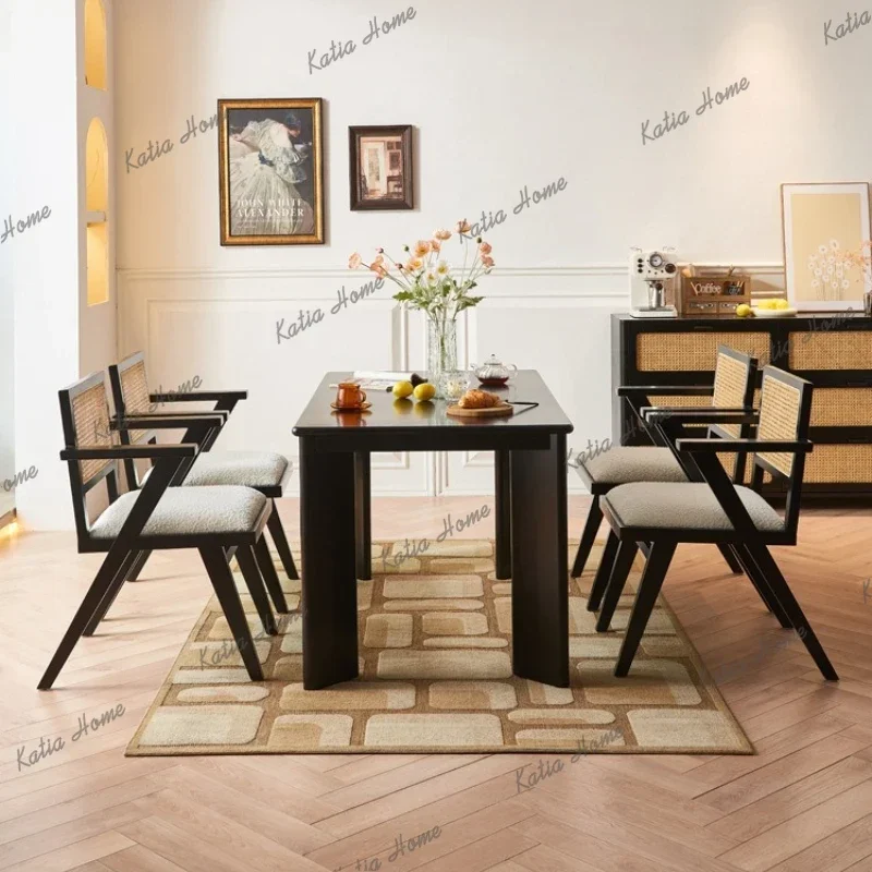 LD Nordic Rattan-Woven Solid Wood Dining Table Italian Black Minimalist Restaurant Balcony Table Chair Set Designer Furniture