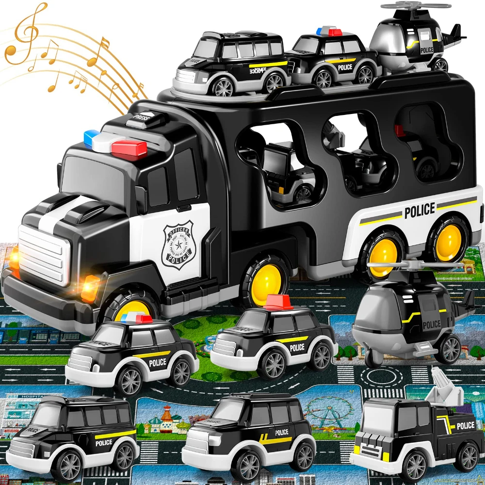 WizKidz Set di giocattoli per camion della polizia 7 in 1 Auto elettrica ad attrito per i più piccoli 3-6 anni Regali di Natale e compleanno per ragazzi e ragazze