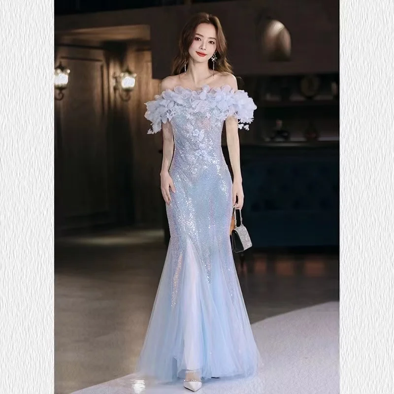 Blue Sequin Flower Ruched Summer Mermaid Strapless Bespoke Occasion Gown Long Dresses