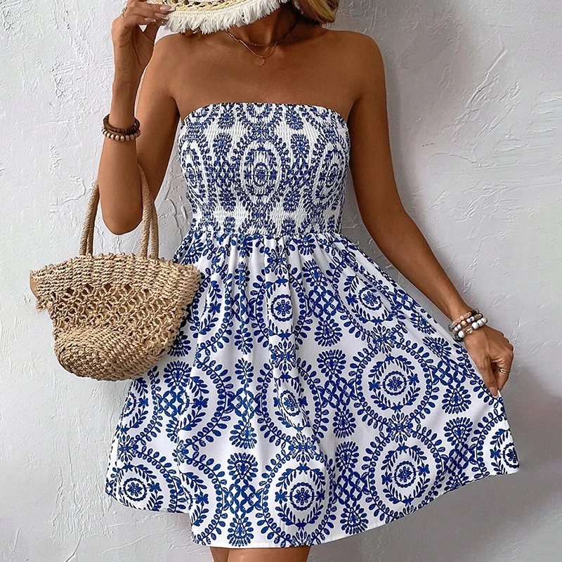 Mode Blauw Gedrukt Vrouwen Strapless Mini Jurk 2023 Zomer Nieuwe Slash Hals Backless Vestidos Elegante Dame Eenvoudige A-lijn Jurk