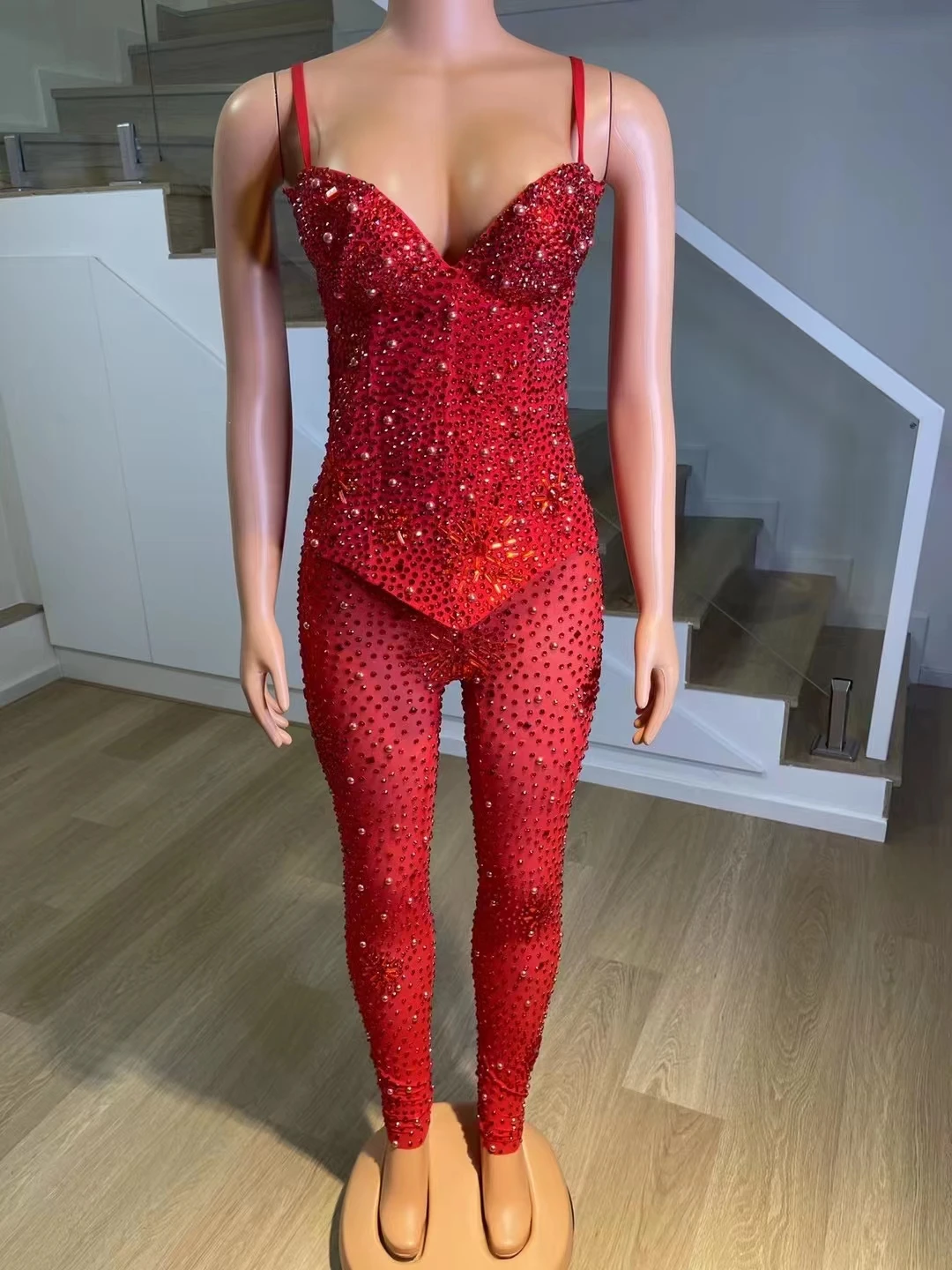 

Sexy Stage Rhinestones Birthday CelebrateOutfit Mesh See Through Jumpsuit NightclubDance Bodysuit Leggings Party Jumpsuit A087