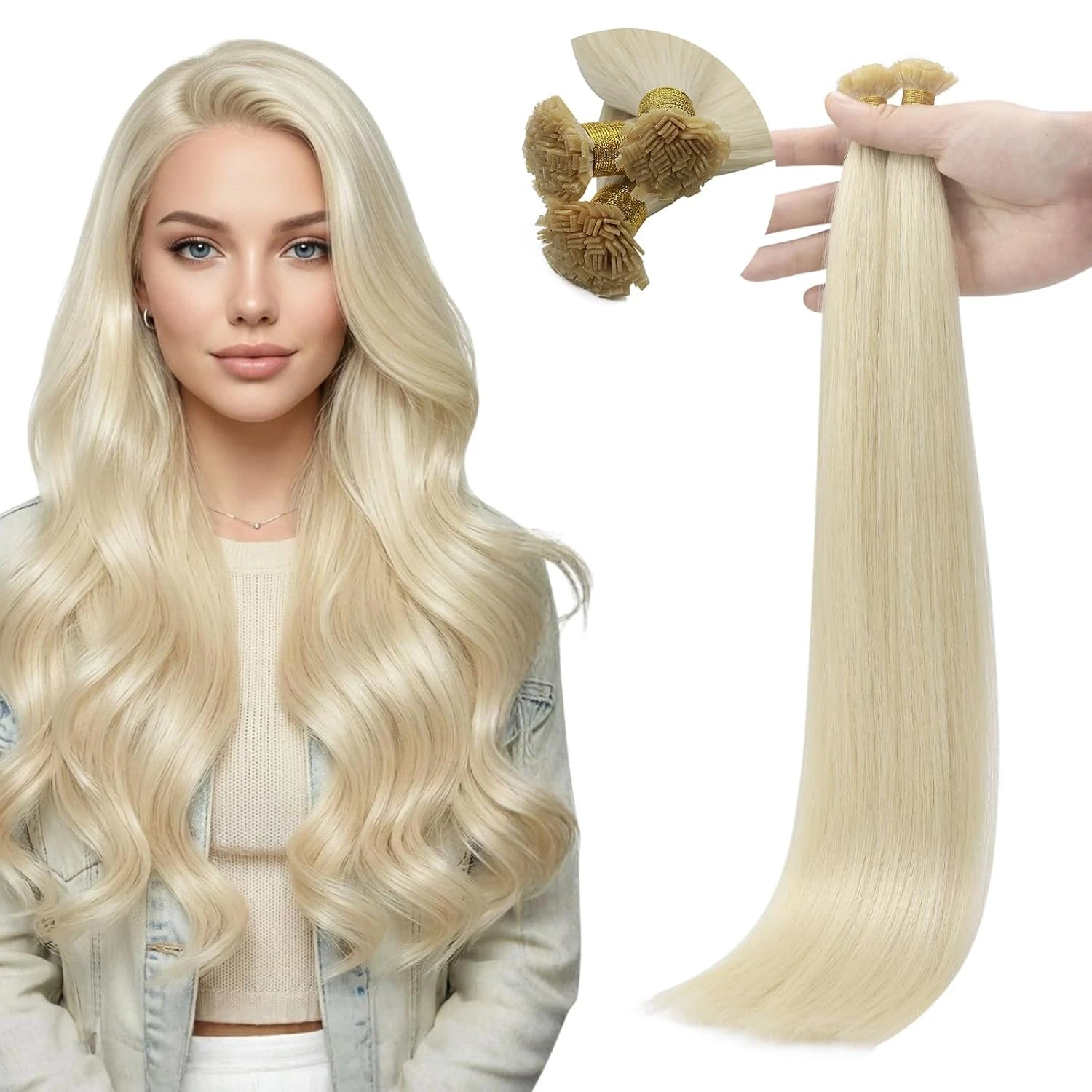 Full Shine 50G 100 Strands Mini Flat Tip Hair Extensions Real Human Hair Seamless Pre Bonded Hair Extensions for Wedding