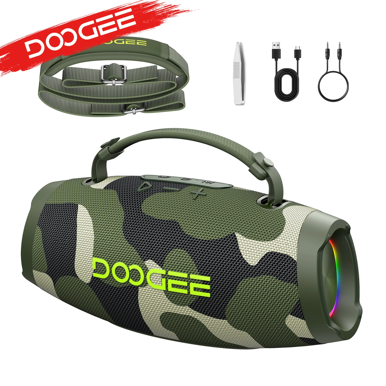 Altavoz Bluetooth DOOGEE Wild Boom, 100W RMS, Bajos Potentes, Boombox para Fiestas, Sonido Estéreo Nítido, IP55 Impermeable, con Luces de Colores, Caja de Sonido Portátil