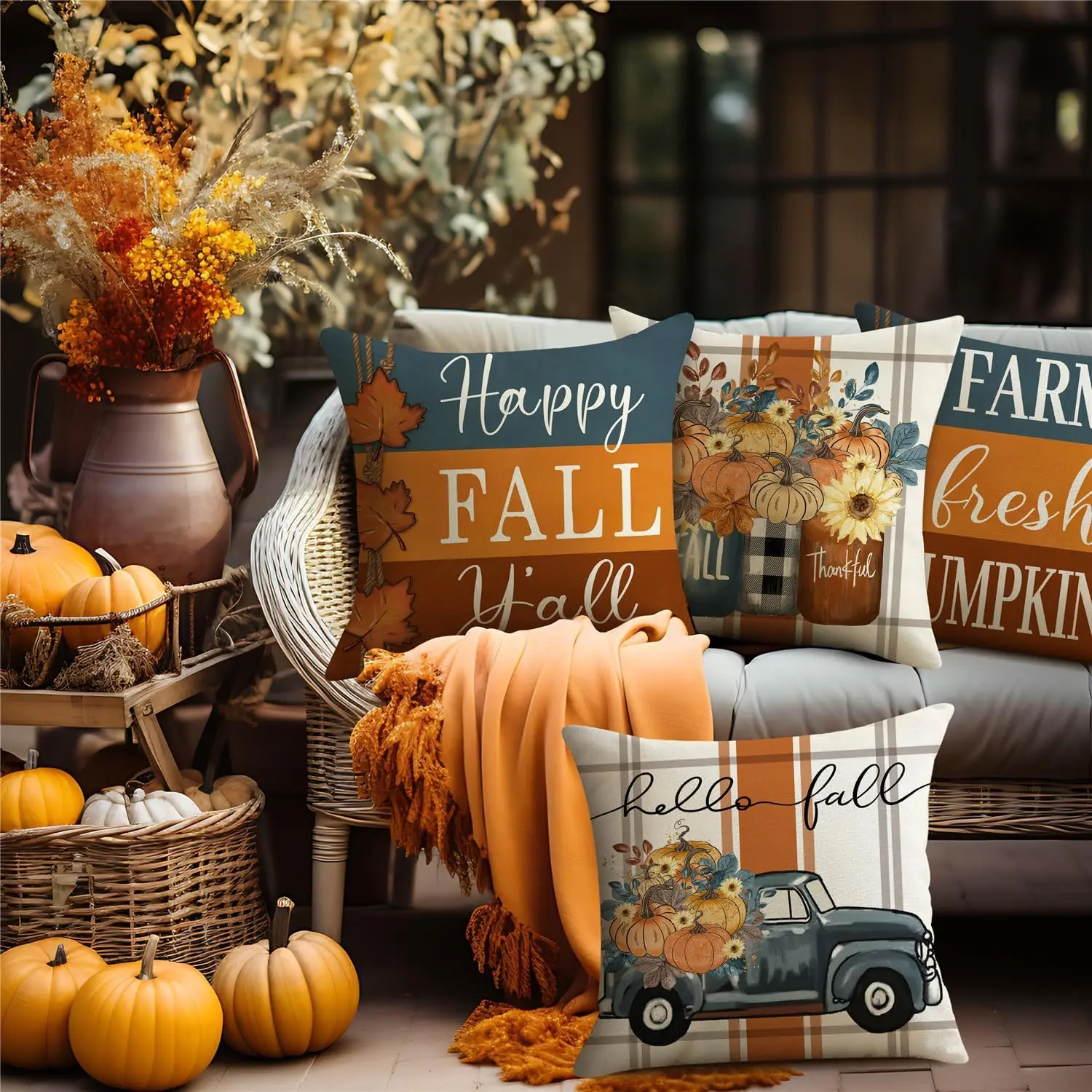 

Fall Striped Mason Throw Pillow Covers Thanksgiving Farmhouse Decorations Maple Leaf Outdoor Fall Decor Pillow Covers Set of 4