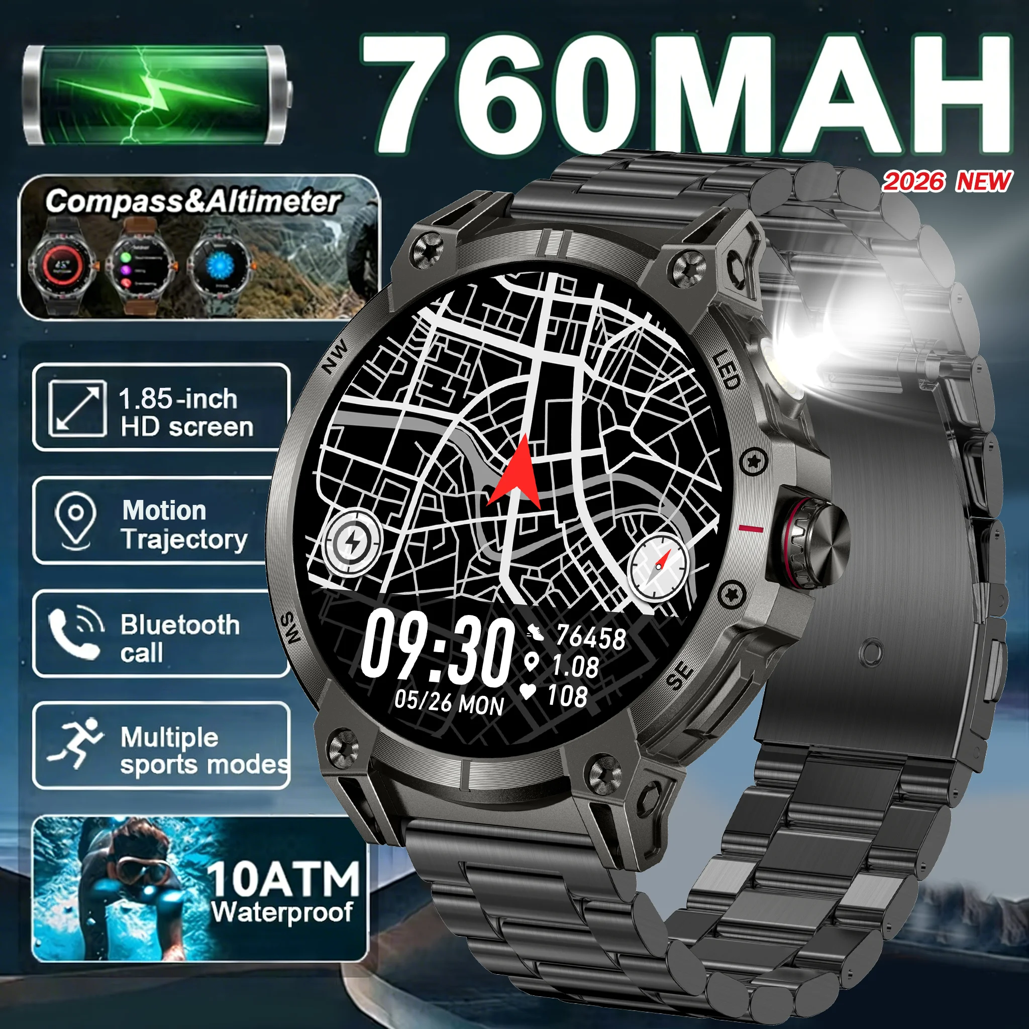 

Military smartwatch men,760mAh Bluetooth call,LEDflashlight,compass,1.85HD Large screen,heart rate.blood pressure IP68waterproof