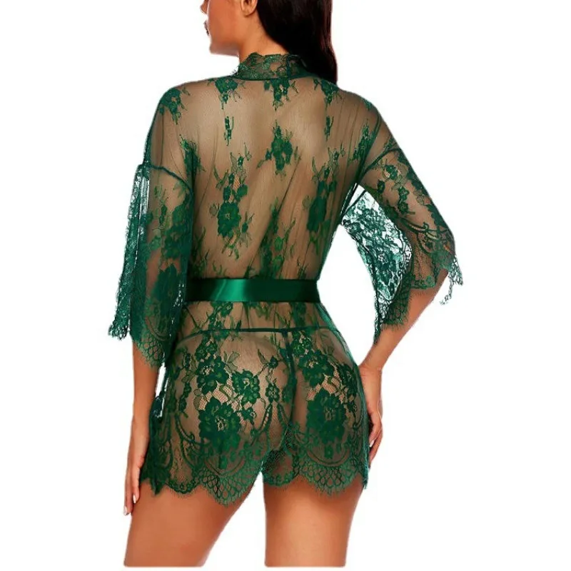 New Women Sexy Lace Kimono Robe Woman Mesh Transparent Casual Pajamas Lady Lingerie Ladies Nightgown Set Casual Night Temptation view 5