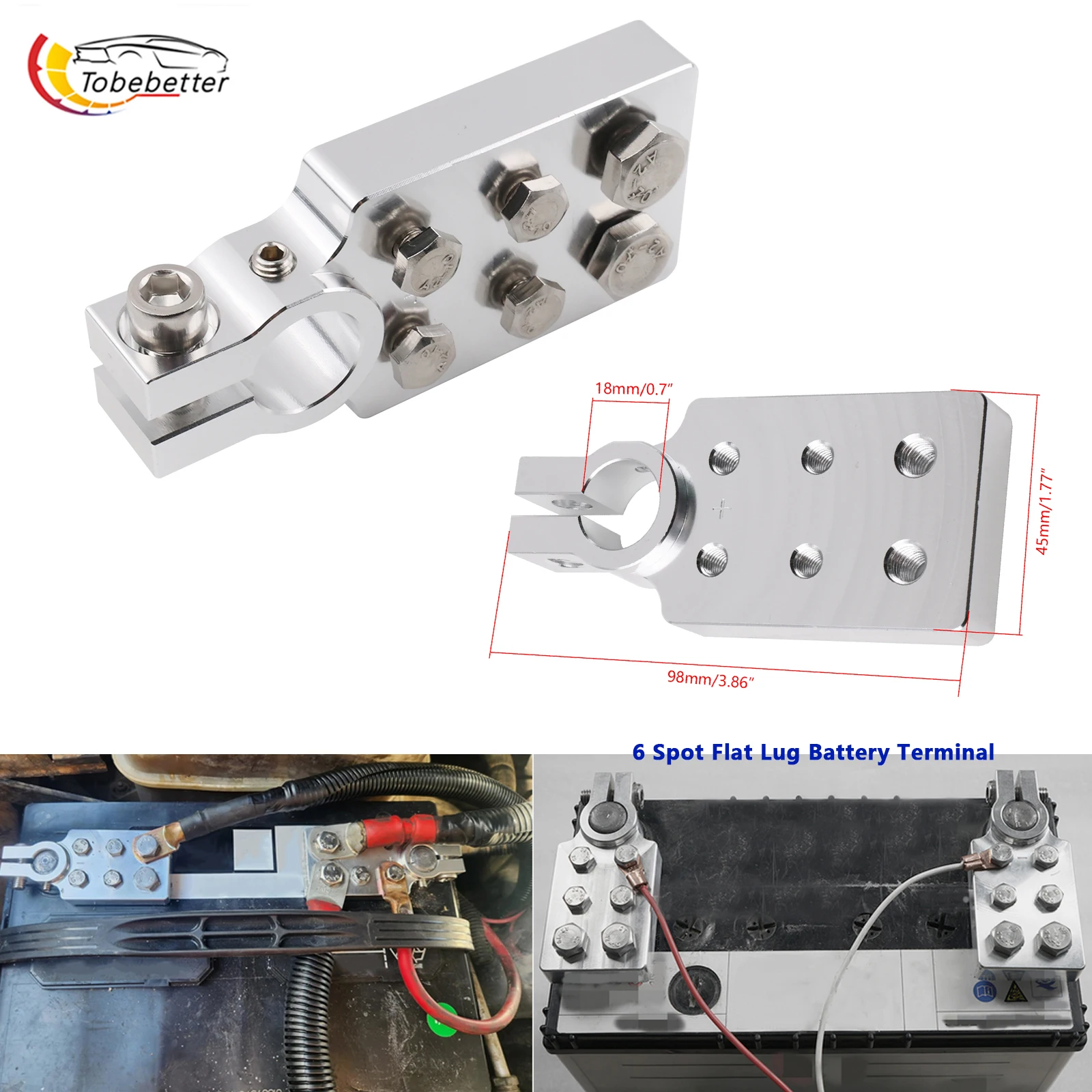 Pair 6 Spot SAE Top Post Flat Lug Style Battery Terminal Distribution Blocks UNIVERSAL 6061 Aluminum Plated  SKU '1031 Audio V2