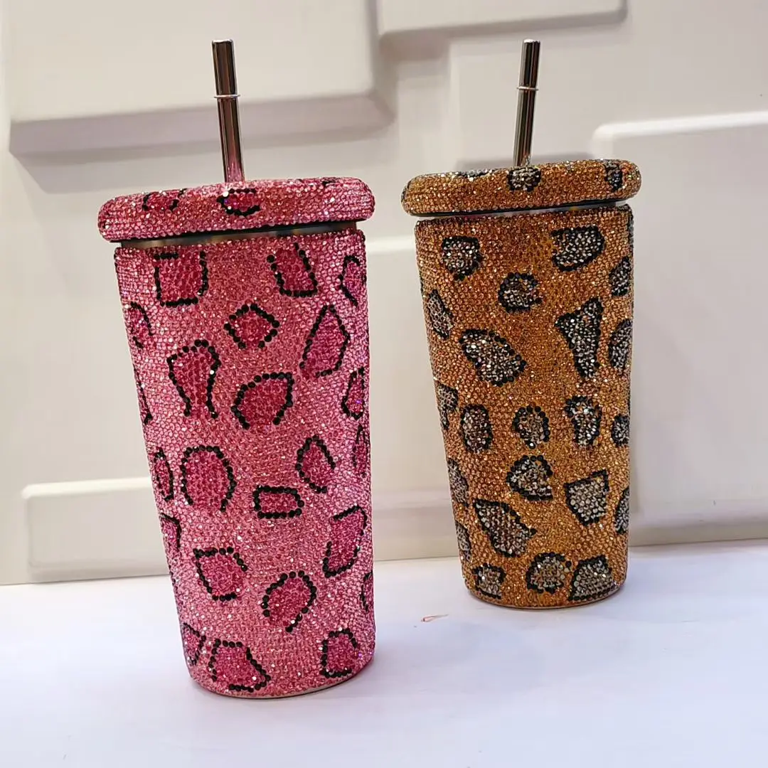 

350ml/500ml Bling Diamond Thermos Bottle stainless steel Vacuum Flask Large Ccapacity Leopard Print Water Bottle Coffee Mug
