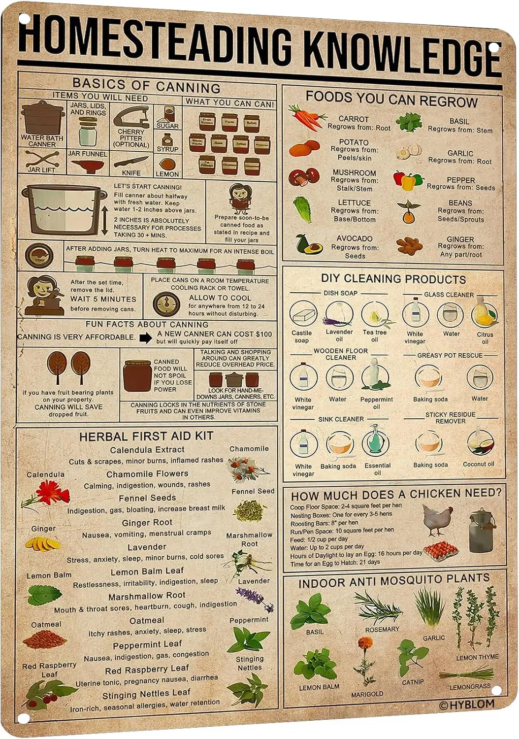 Y1, Vintage Homesteading Knowledge Poster Basics of Canning Metal Tin Sign - Rustic Kitchen Wall Art Decor, Chef ; Cooking Enthu