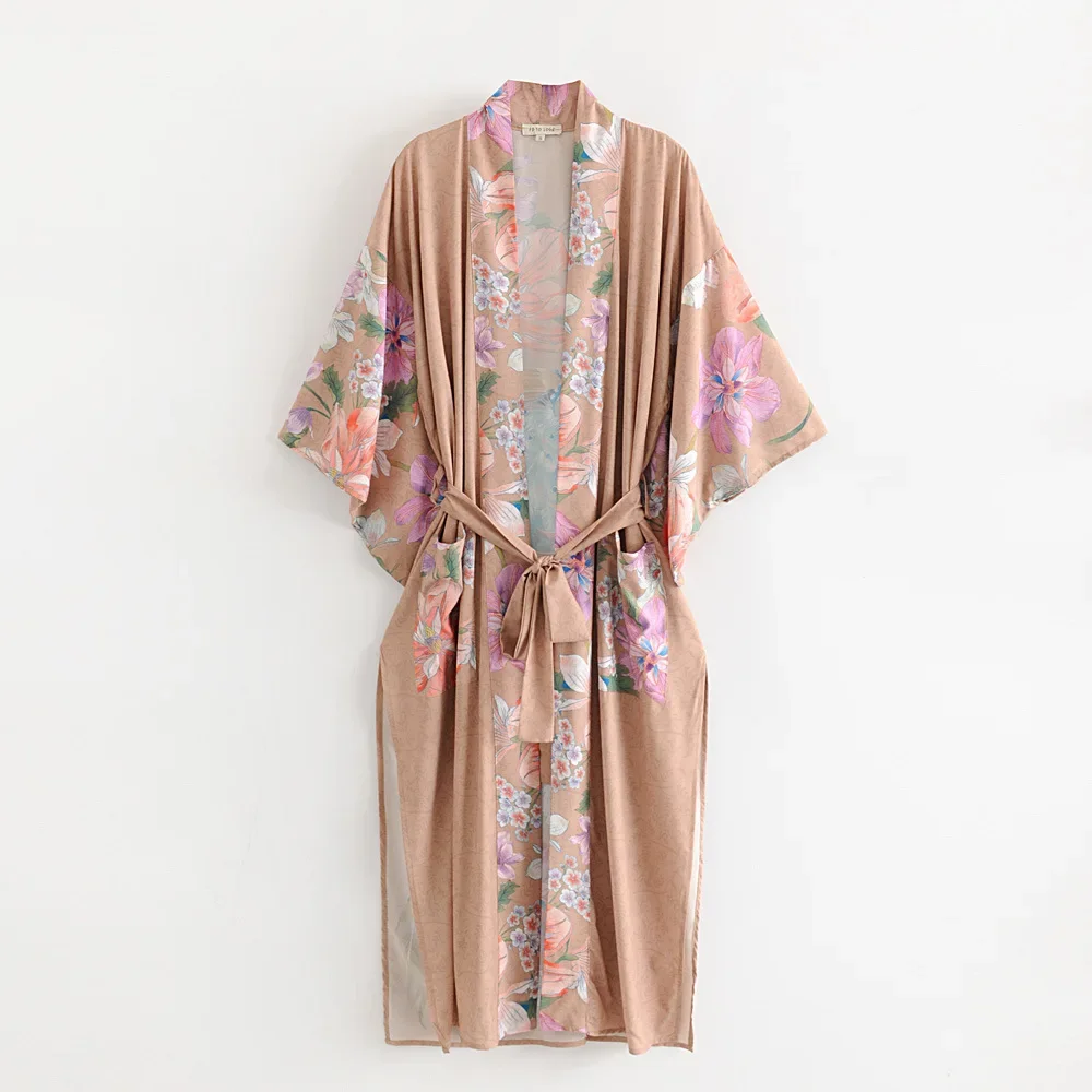 Kimono bohemio con estampado de pavo real para mujer, manga de murciélago, cuello en V, Estilo Vintage, novedad de 2024