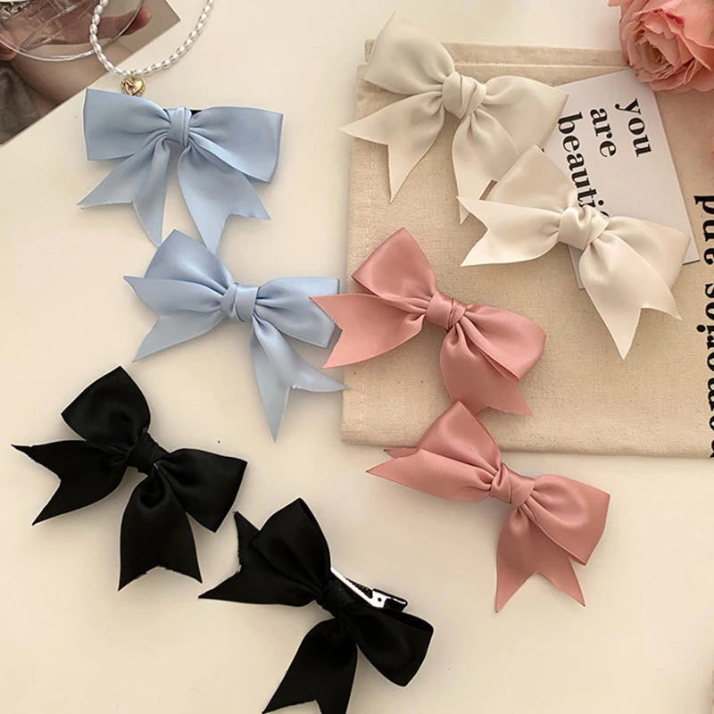 2Pcs Elegant Sweet Bow Ribbon Hair Clips For Women Girls Solid Color Retro Bow Hairpins Party Headdress Hair Accessories