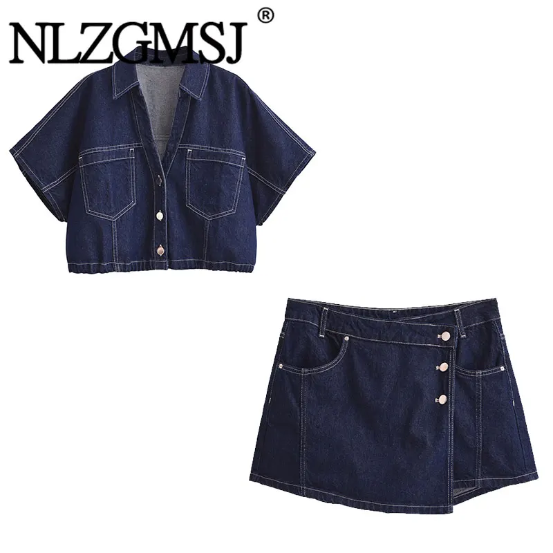 Nlzgmsj 2026 Sommer Damen Denim Fledermausärmel Zweiteiler Set Lässiges Crop-Shirt & Rock-Shorts Set Streetwear Y2K